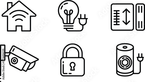 Six black line icons for smart home devices and security on a white background technology collection