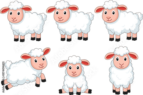 Set of cute white fluffy sheep characters in various poses including standing, sitting, and jumping for farm animal themes and children's book illustrations.