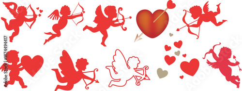 Red silhouettes of cupids with arrows and hearts a valentine s day theme