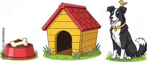 Vector Illustration Set Featuring a Cute Border Collie Dog with a Yellow Bird on its Head a Classic Wooden Dog House with a Red Roof and a Red Pet Bowl with a Bone