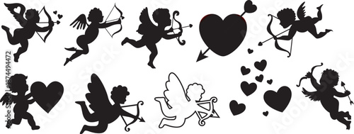 Black silhouette collection featuring cherubic cupids with bows and hearts