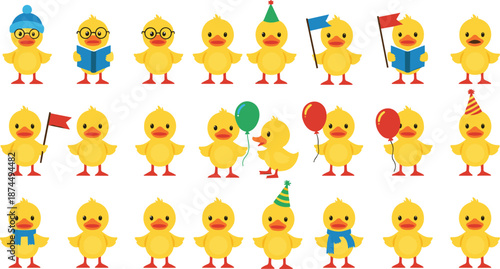 Set of cute yellow duckling characters in different poses with balloons party hats and glasses isolated on white background vector