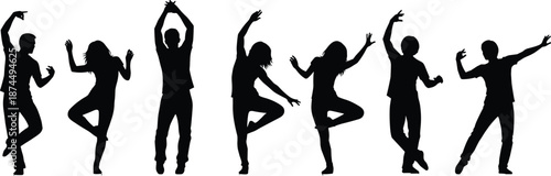 Silhouettes of Seven People in Unique Dance Poses, Capturing Movement, Rhythm, and Expression for Artistic, Performance, or Celebration-Themed Design Projects