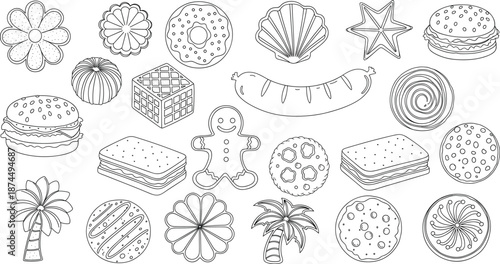 Dessert and snack doodle icon set with cookies, donuts, cakes, gingerbread, and tropical elements outline vector illustration