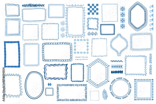 Hand drawn rectangle frames set in sea vacation wavy lines. Vector cute blue borders collection for summer beach design, ocean vibes poster, card. Free hand illustration