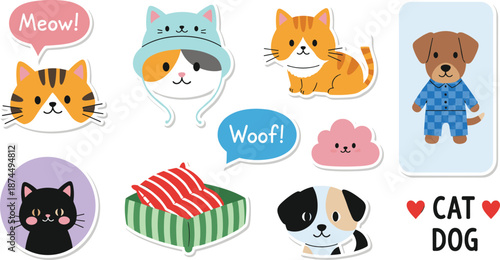 Cute Vector Sticker Set of Cats and Dogs Featuring Ginger Tabby Calico with Hat Black Kitten Puppy in Pajamas Pet Bed and Speech Bubbles for Digital Planning and Scrapbooking