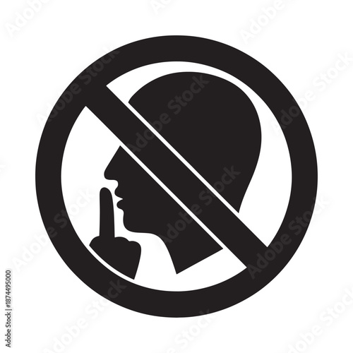 No talking allowed a black and white sign depicting a silenced profile