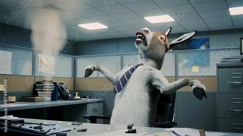 Sudden incident sparks workplace confusion and alarm, An unexpected mishap at office leads to chaos and surprise, Surprising event occurring suddenly at workplace results in disorder and amusement