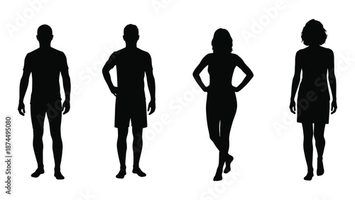 Silhouettes of four individuals isolated on white background, Vector