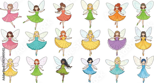 Set of cute colorful fairy characters with butterfly wings in various magical poses wearing bright dresses isolated on white background vector illustration