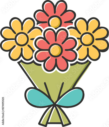Bouquet of aster wrapped in gift paper and ribbon. offset fill vector.