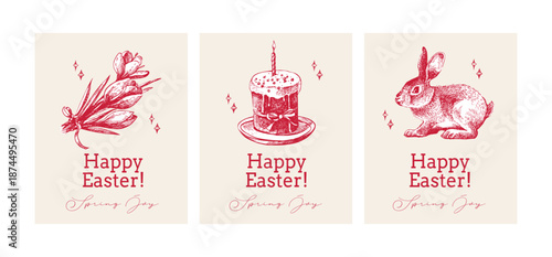 Vintage Easter hand drawn banner set. Spring greeting cards and invitation design. Retro sketch vector illustration. Stickers collage elements