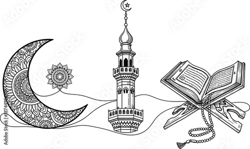 Detailed Islamic Line Art Illustration Featuring an Ornate Mandala Crescent Moon Minaret Tower and Holy Quran on a Wooden Rehal Stand with Prayer Beads in Black and White Vector Art