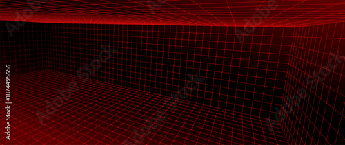 Red Glowing Cyber Wireframe Grid Background With Laser Lines. Retro Futuristic Perspective Game Backdrop For Posters, Banners, Wallpapers. Vector Illustration.