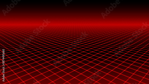 Red Glowing Cyber Wireframe Grid Background With Laser Lines. Retro Futuristic Perspective Game Backdrop For Posters, Banners, Wallpapers. Vector Illustration.