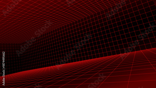 Red Glowing Cyber Wireframe Grid Background With Laser Lines. Retro Futuristic Perspective Game Backdrop For Posters, Banners, Wallpapers. Vector Illustration.