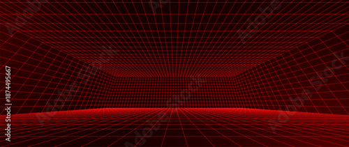 Red Glowing Cyber Wireframe Grid Background With Laser Lines. Retro Futuristic Perspective Game Backdrop For Posters, Banners, Wallpapers. Vector Illustration.