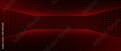 Red Glowing Cyber Wireframe Grid Background With Laser Lines. Retro Futuristic Perspective Game Backdrop For Posters, Banners, Wallpapers. Vector Illustration.