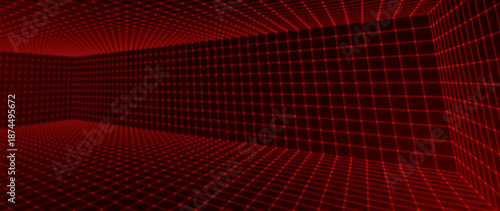 Red Glowing Cyber Wireframe Grid Background With Laser Lines. Retro Futuristic Perspective Game Backdrop For Posters, Banners, Wallpapers. Vector Illustration.