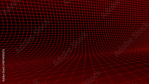 Red Glowing Cyber Wireframe Grid Background With Laser Lines. Retro Futuristic Perspective Game Backdrop For Posters, Banners, Wallpapers. Vector Illustration.