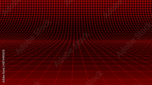 Red Glowing Cyber Wireframe Grid Background With Laser Lines. Retro Futuristic Perspective Game Backdrop For Posters, Banners, Wallpapers. Vector Illustration.