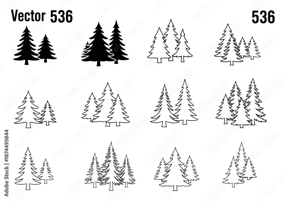 Obraz premium Assortment of Christmas Tree Icons, Solid, Outline, and Grouped