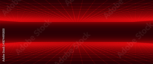 Red Glowing Cyber Wireframe Grid Background With Laser Lines. Retro Futuristic Perspective Game Backdrop For Posters, Banners, Wallpapers. Vector Illustration.