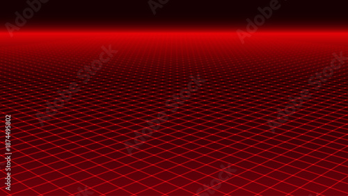 Red Glowing Cyber Wireframe Grid Background With Laser Lines. Retro Futuristic Perspective Game Backdrop For Posters, Banners, Wallpapers. Vector Illustration.