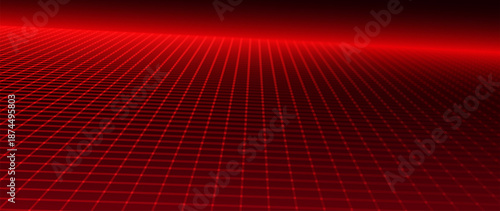 Red Glowing Cyber Wireframe Grid Background With Laser Lines. Retro Futuristic Perspective Game Backdrop For Posters, Banners, Wallpapers. Vector Illustration.