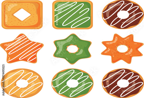 Colorful decorated cookies set with icing patterns and festive shapes, cute flat vector illustration collection