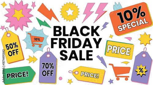 Black Friday sale elements set with discount labels and price tags. Colorful promotional stickers and shopping icons for retail marketing. Ideal for ecommerce banners and seasonal advertising.