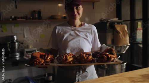 A baker looks at the camera and smiles, holds a tray of freshly baked buns in a cozy artisan bakery.Warm lighting, professional work in the kitchen, fresh bread and buns ready for sale.Factory worker.