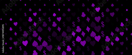 Dark purple vector pattern with symbol of cards. Colorful gradient with signs of hearts, spades, clubs, diamonds. Design for ad, poster, banner of gambling websites.