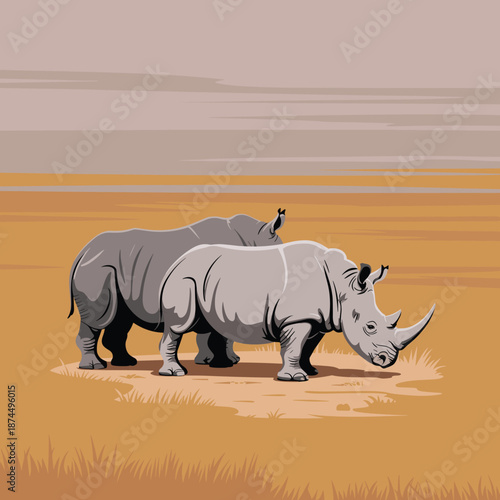 Pair of rhinoceroses graze on a dry savanna landscape with sparse grass under a hazy overcast sky in the wild.
