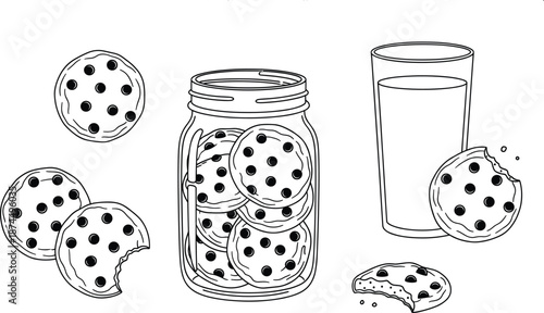 Cookies and milk line illustration with cookie jar, glass of milk, and bitten chocolate chip cookies vector set
