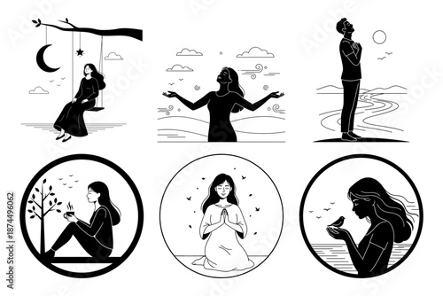 Mindful Meditation with Flowers, Birds and Nature Symbols - Minimal Black and White Line Art Illustration Set