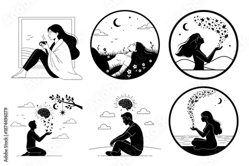 Quiet Reflection Meditation with Sunset Pier and Swing - Minimal Black and White Line Art Illustration Set