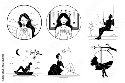 Peaceful Meditation with Bird, Moon and Nature Scenes - Minimal Black and White Line Art Illustration Set