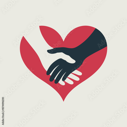 Black and white hands come together in a handshake inside a red heart to represent unity and global racial harmony.