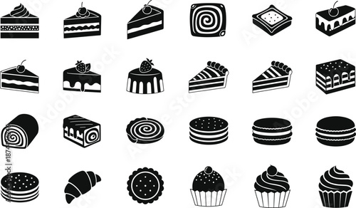 Dessert silhouette icon set with cakes, cupcakes, pastries, rolls, and sweets, black flat vector illustration collection