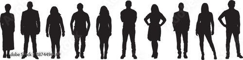vector,  silhouette of front view of a group  of woman and man standing