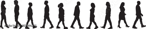 vector, silhouette of side view of a group  of woman and man walking