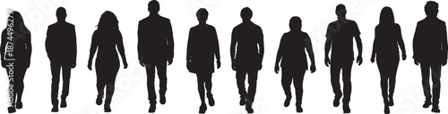 vector, silhouette of front view of a group  of woman and man walking