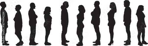 vector,  silhouette of side view of a group  of woman and man standing