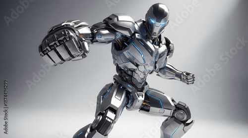 Dynamic 3D Render of Silver Futuristic Cyborg Robot Punching in Action Pose