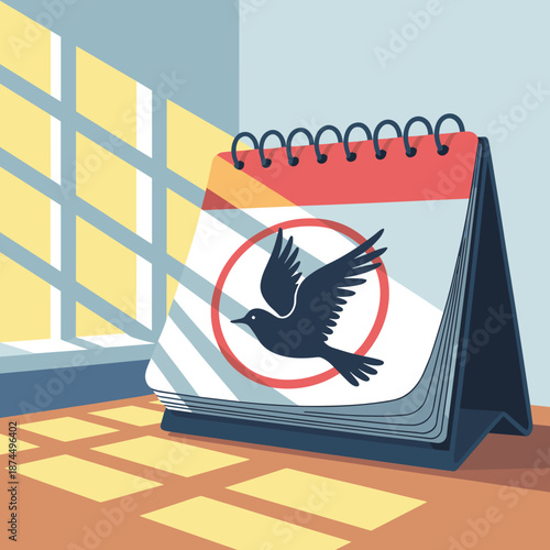 Desktop calendar with a bird icon in a red circle sits on a desk under bright and warm sunlight from a window.