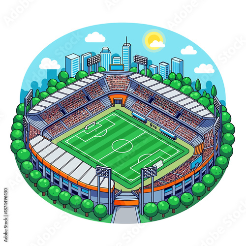 Cartoon illustration of soccer stadium with green field and city skyline in background