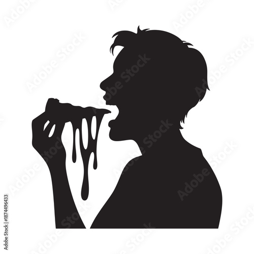 Silhouette of a person enjoying a dripping slice of pizza
