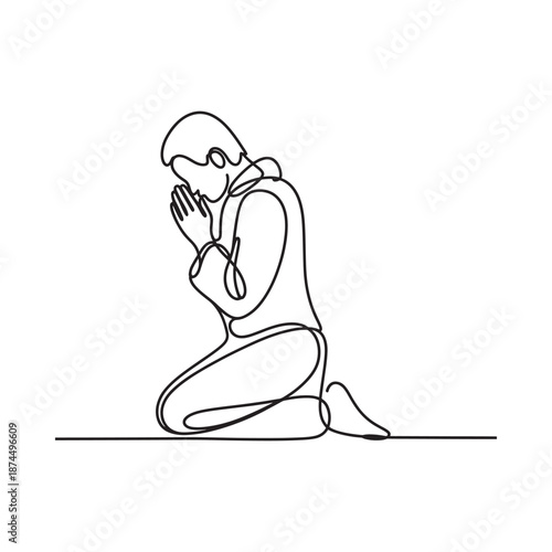 A single line drawing of a person kneeling in a posture of prayer