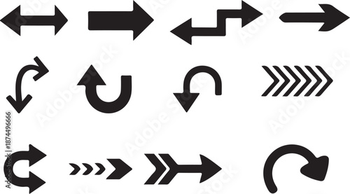 Collection of various black arrow symbols depicting different directions and movement styles